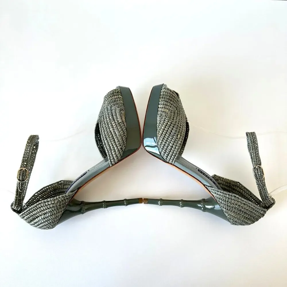 Ralph Lauren Purple Label Raffia Ankle Strap Platform Sandal Size 37 / US 7 B